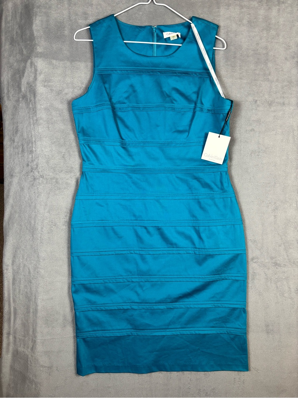 Calvin Klein NWT Teal Blue Sheath Dress 8 Pleated Banded Sleeveless Cocktail